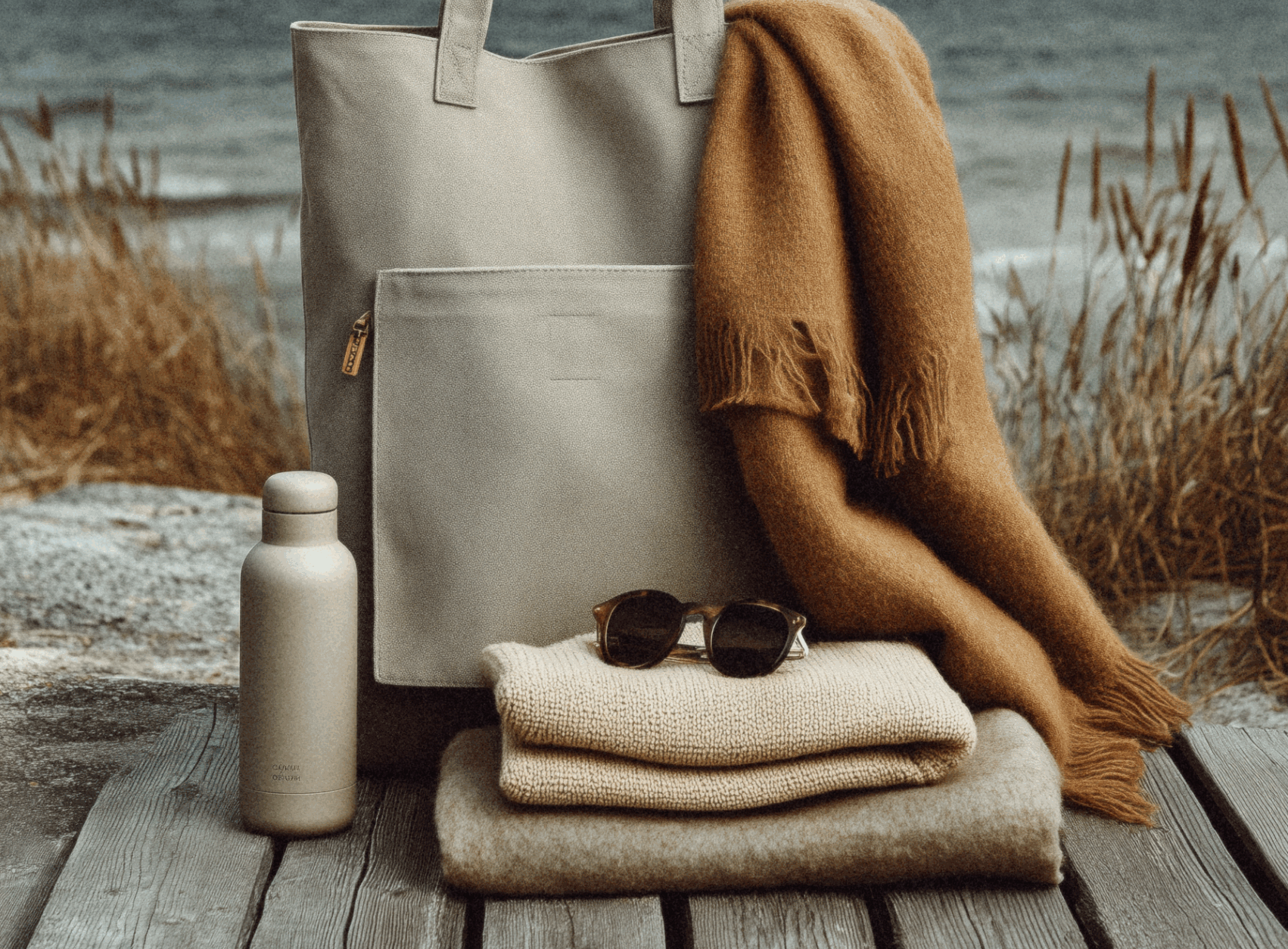 Rucksack und Accesoires am Strand