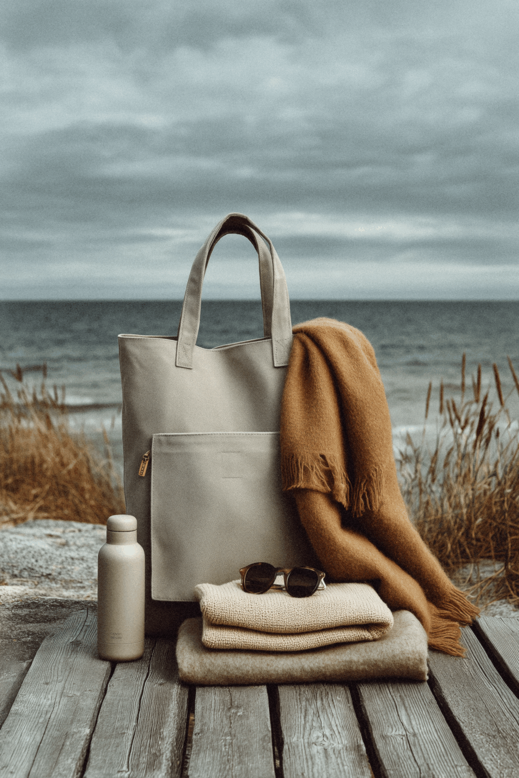 Rucksack und Accesoires am Strand